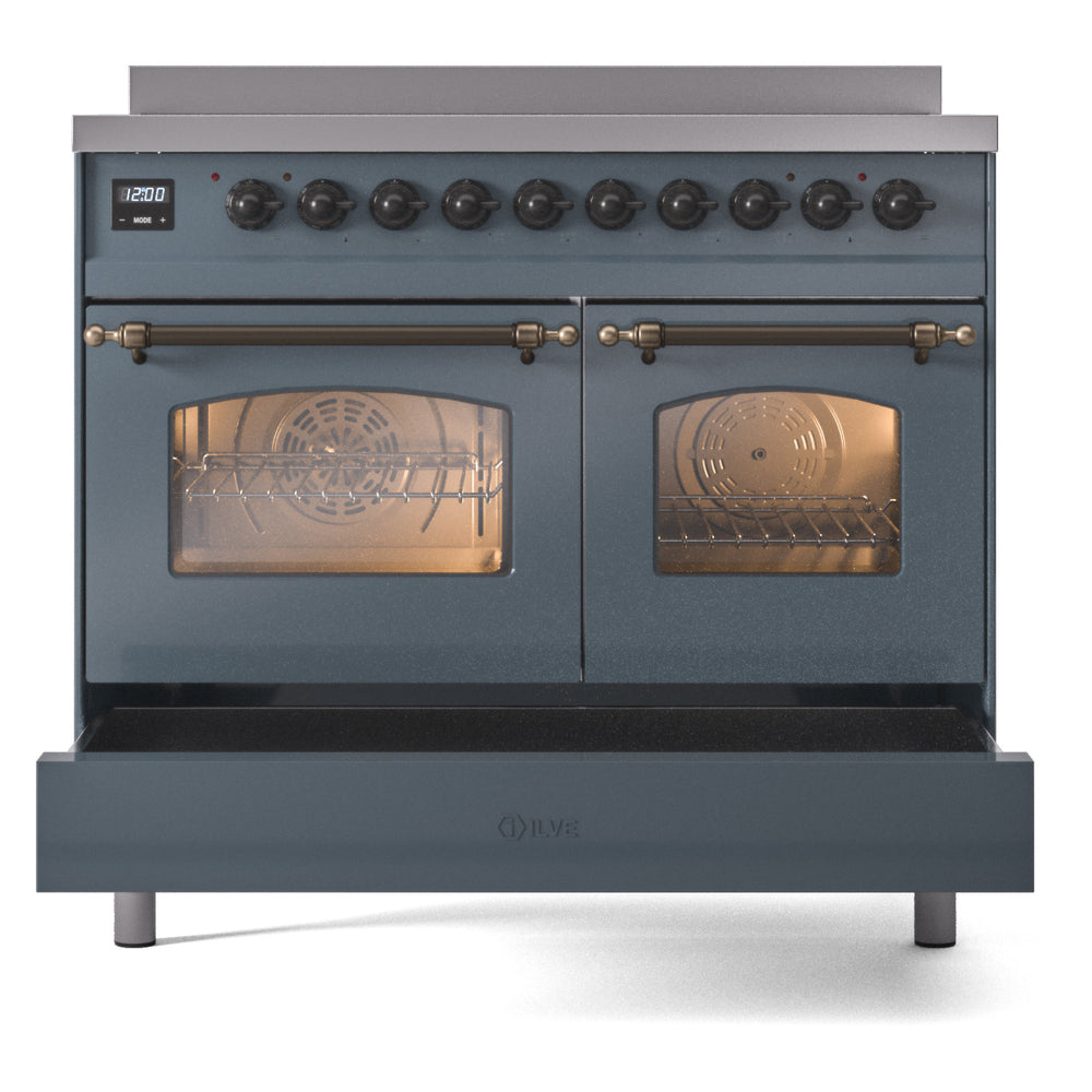 Freestanding induction range, blue-gray with bronze trim; front control knobs and two oven doors
