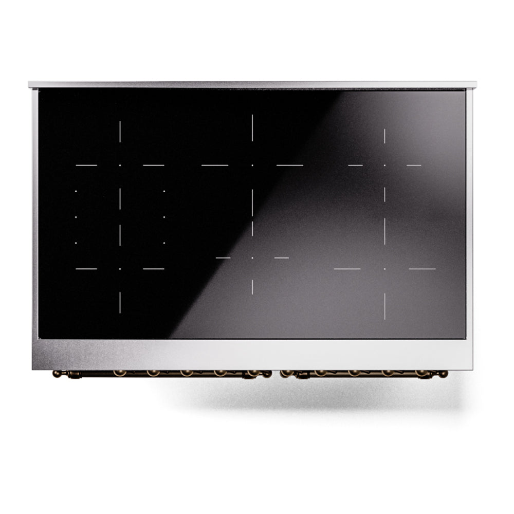 Induction cooktop on freestanding range, black glass with light-colored heating zone lines