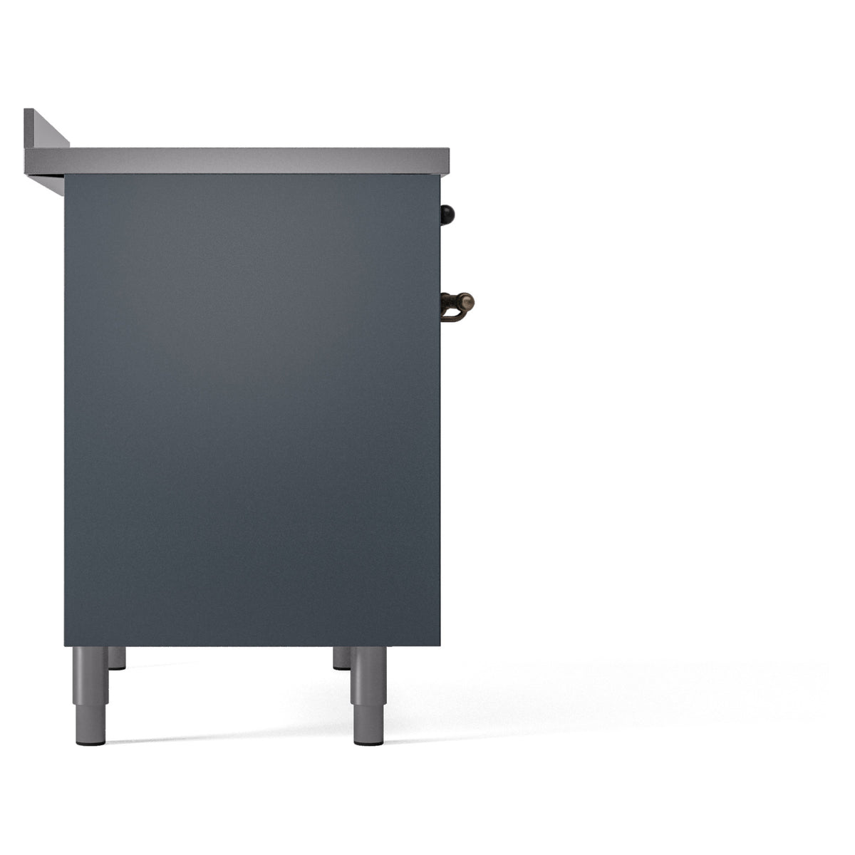 Freestanding induction range side panel in blue-gray with leveling feet