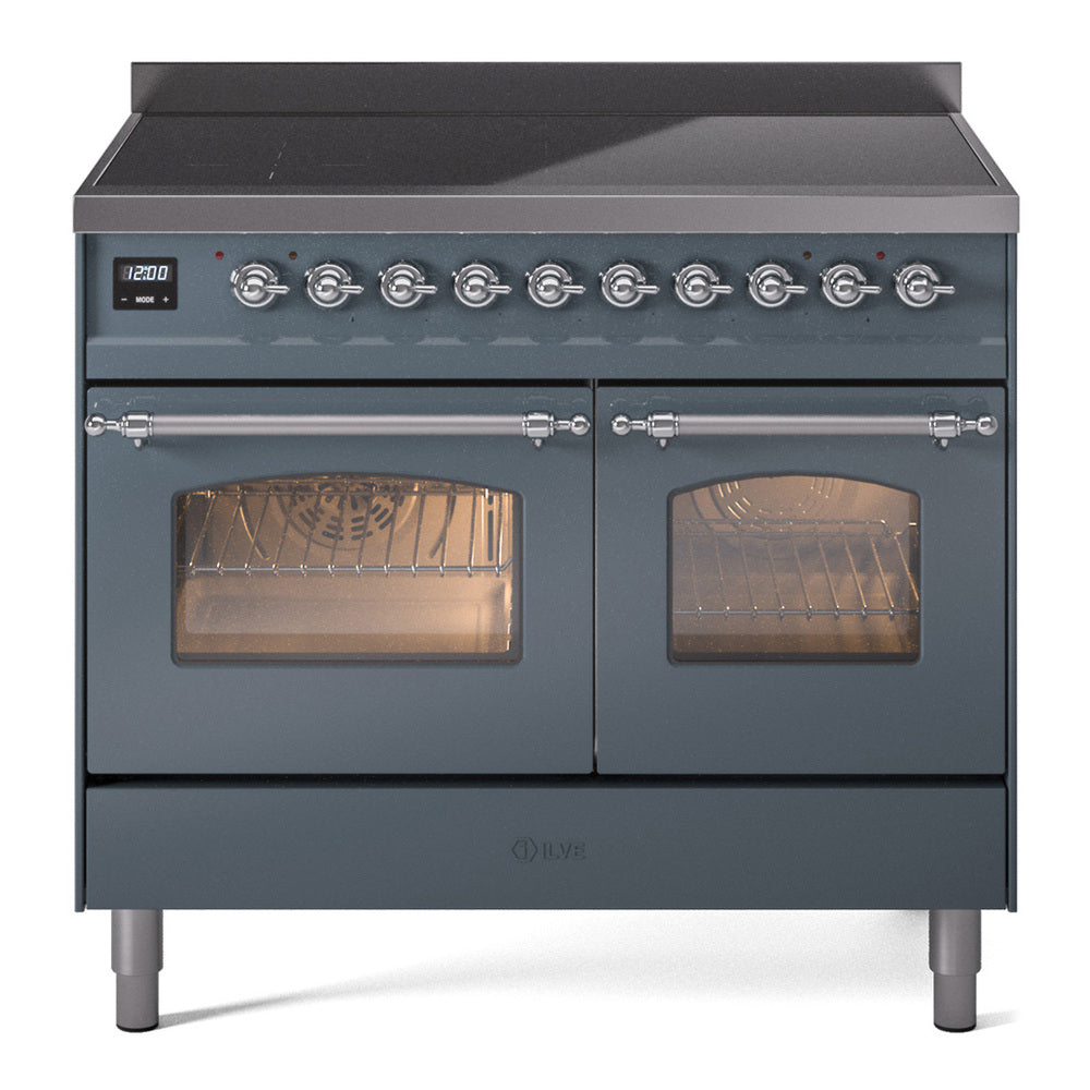 Blue grey freestanding electric induction range with chrome trim, knobs, two oven doors