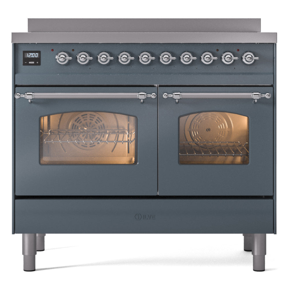 Blue grey freestanding electric induction range with chrome control knobs and double ovens