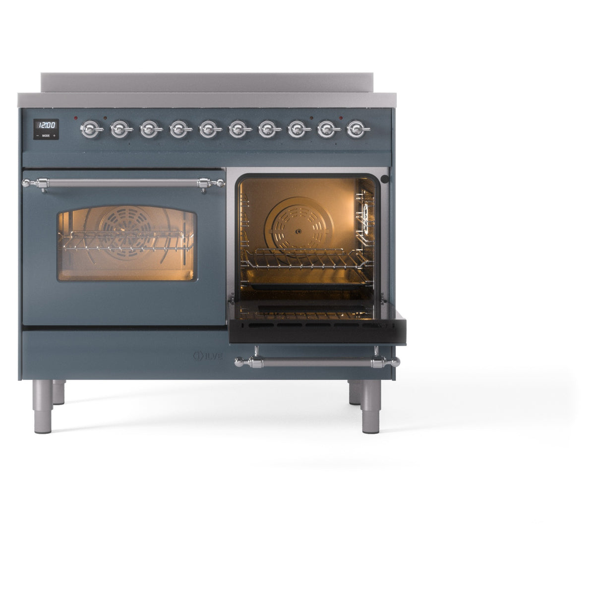 Blue grey freestanding induction range with right oven open; chrome handles and interior racks