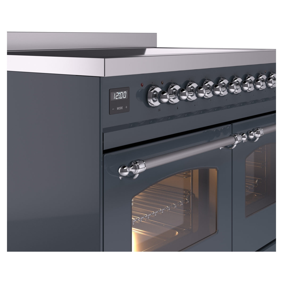 Close-up of blue grey induction range control knobs and chrome oven handle trim