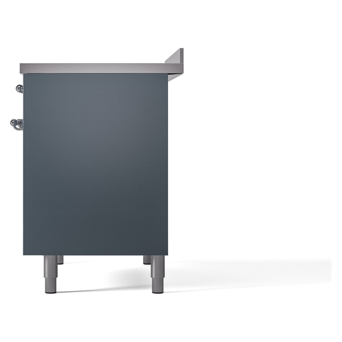 Blue grey back panel of freestanding induction range with connected trim and legs