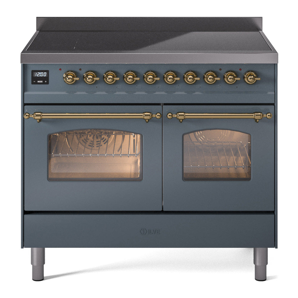 Blue grey induction range with brass knobs and double glass oven doors