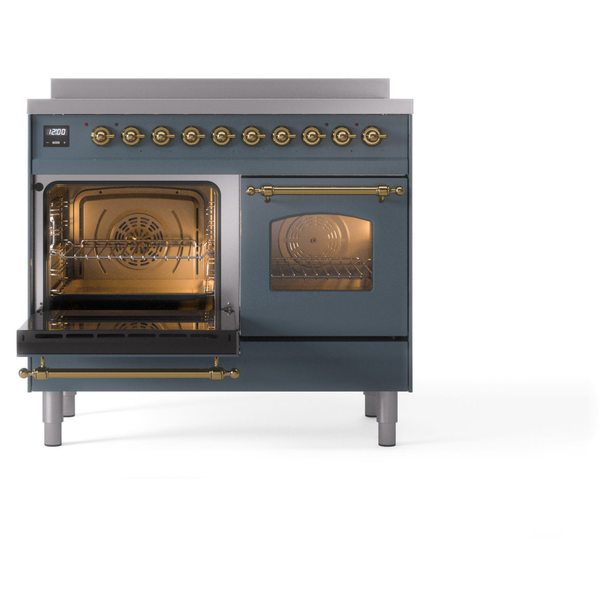 Blue-grey freestanding induction range with brass handle; left oven door open