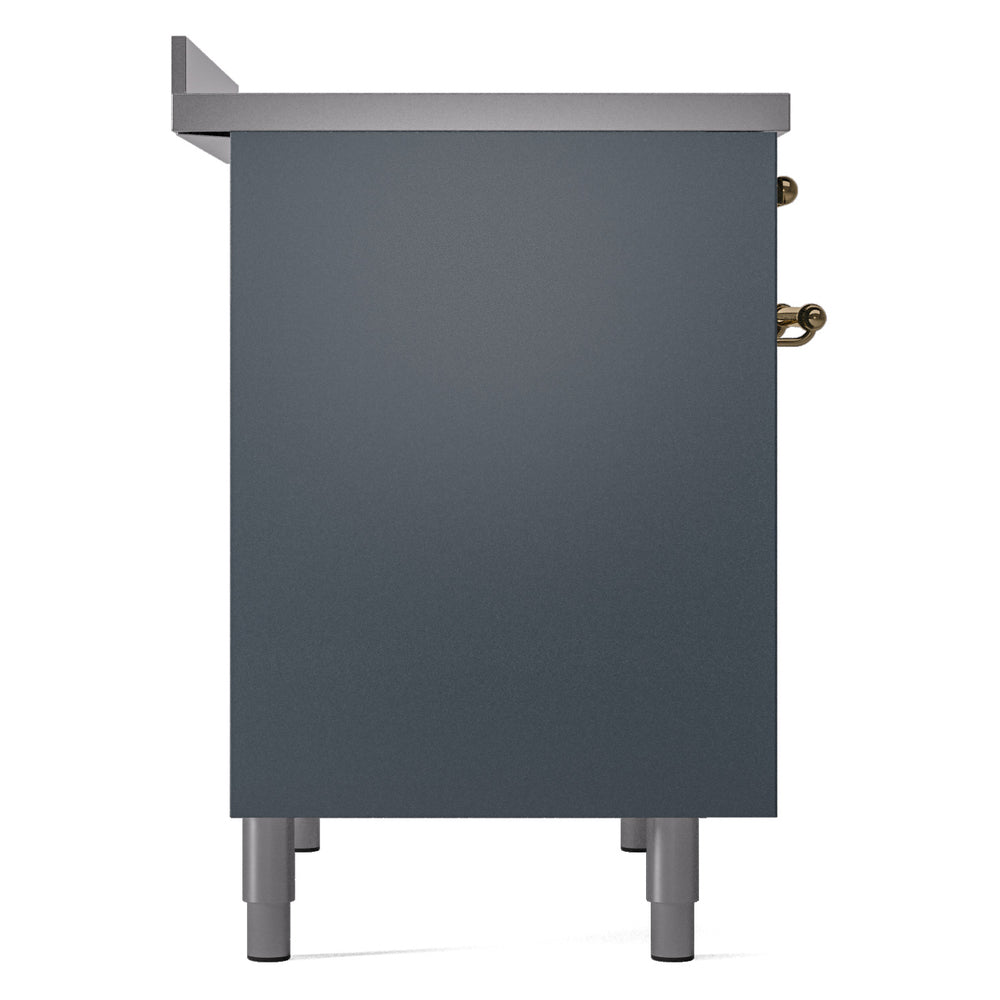 Blue-grey freestanding range side panel with brass knob and leveling feet