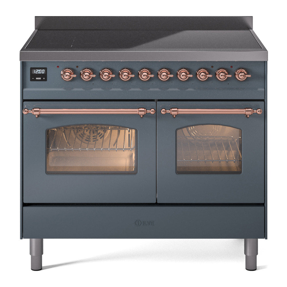 Freestanding electric induction range in blue-grey with copper knobs and two oven windows