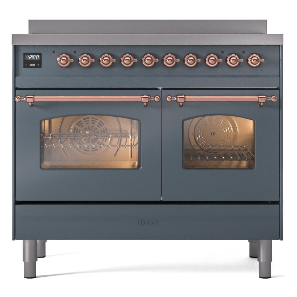 Blue grey freestanding electric induction range with copper trim; dual oven doors