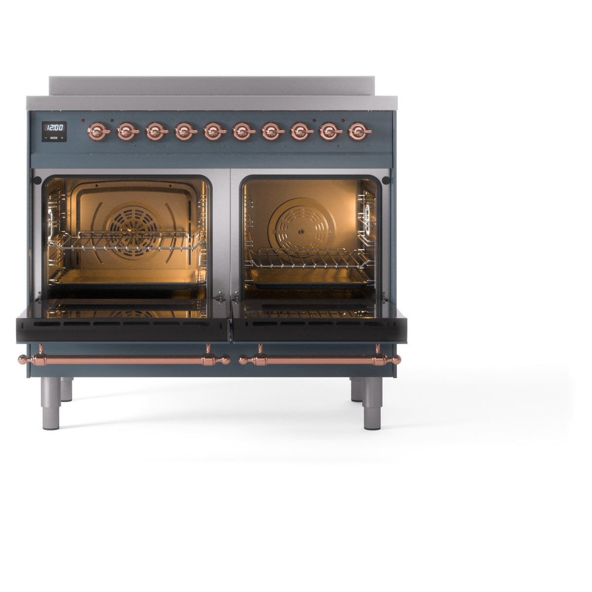 Freestanding electric induction range in blue-grey with copper knobs, open double ovens