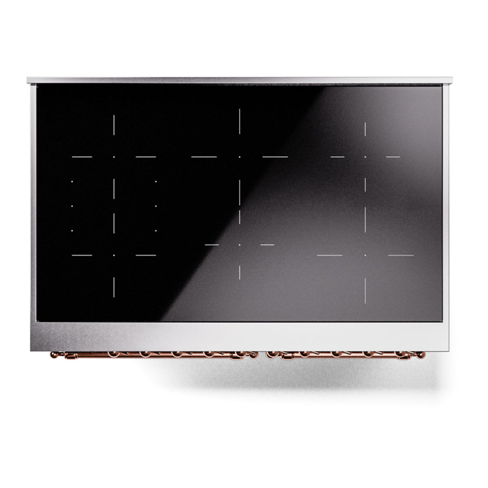 Black induction cooktop with burner markings and front display on blue-grey range