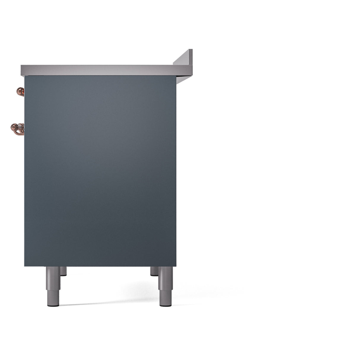 Blue-grey back panel of freestanding induction range with copper side handles