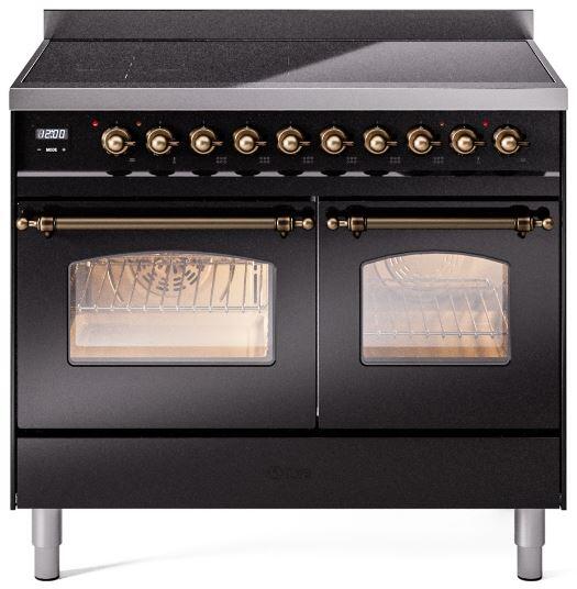 Black freestanding induction range with two glass oven doors and bronze knobs