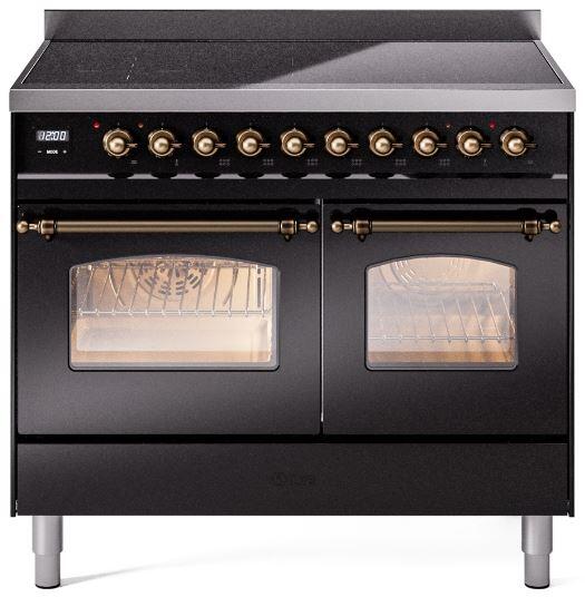 ILVE Nostalgie II 40-Inch Freestanding Electric Induction Range in Glossy Black with Bronze Trim (UPDI406NMPBKB)