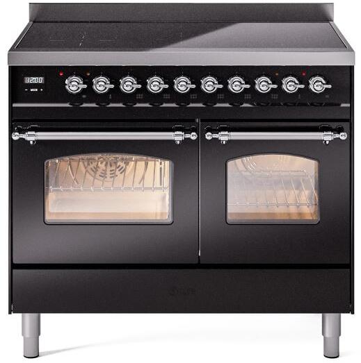 Glossy black freestanding induction range front with two oven doors and control knobs