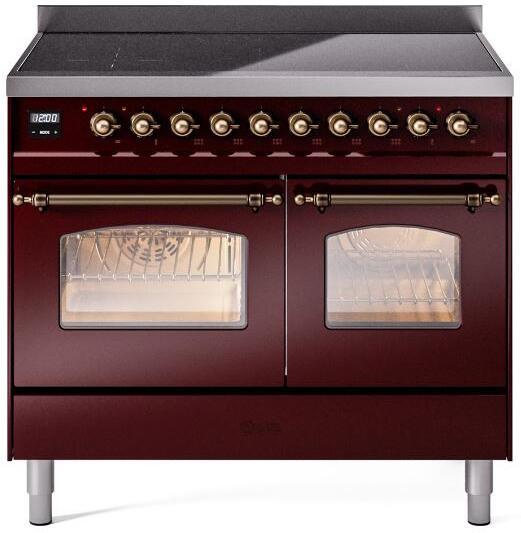 Freestanding electric induction range in burgundy with bronze knobs and two oven glass doors