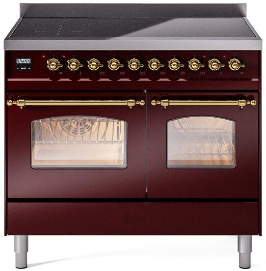Burgundy electric induction range with two oven windows and brass trim and handles