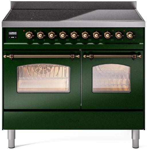 Freestanding electric induction range, emerald green with bronze knobs and oven window doors