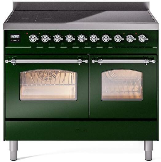 Emerald green electric induction range with two lit oven compartments and chrome trim