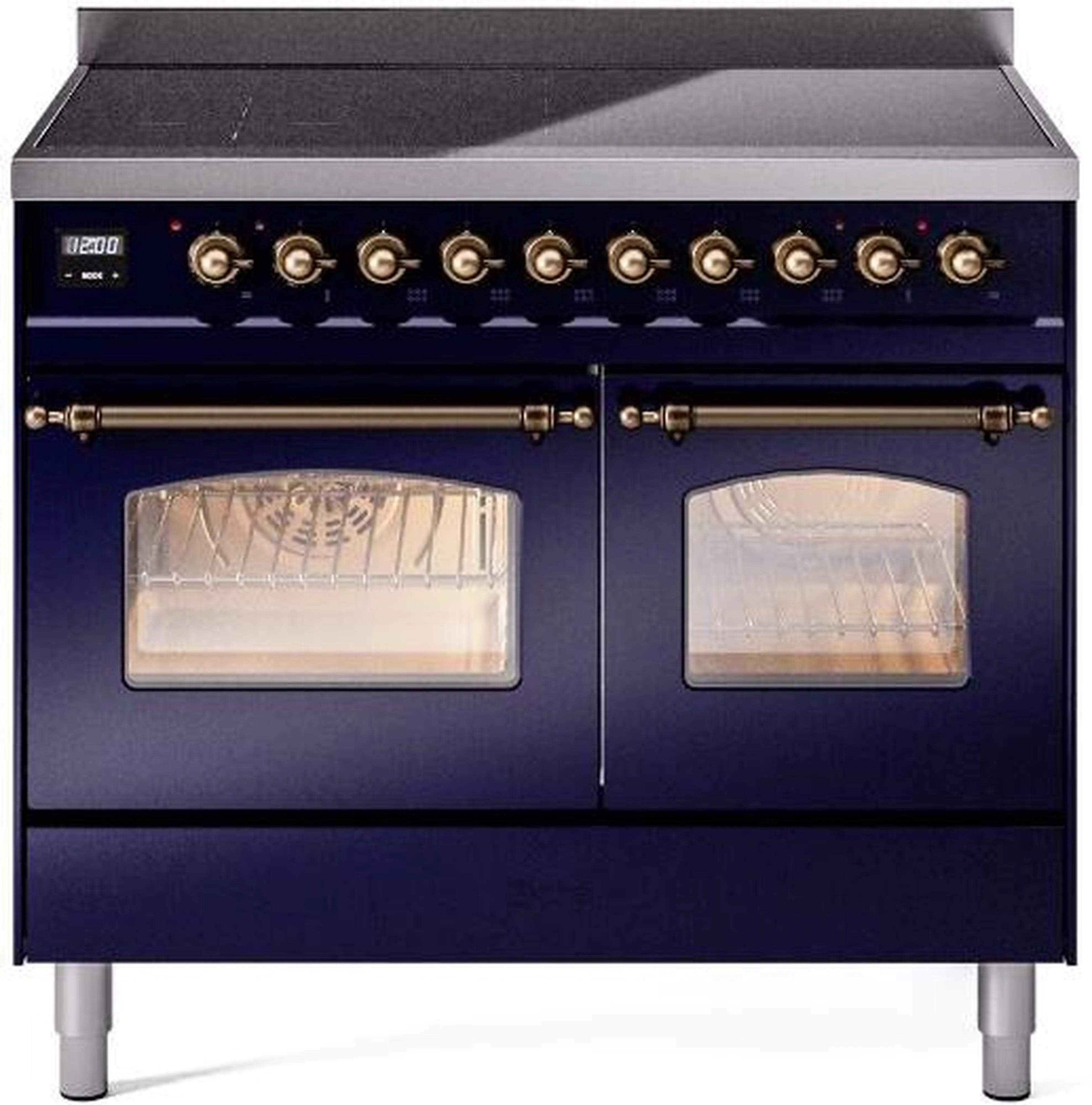 Midnight blue freestanding induction range with bronze knobs and two glass oven doors