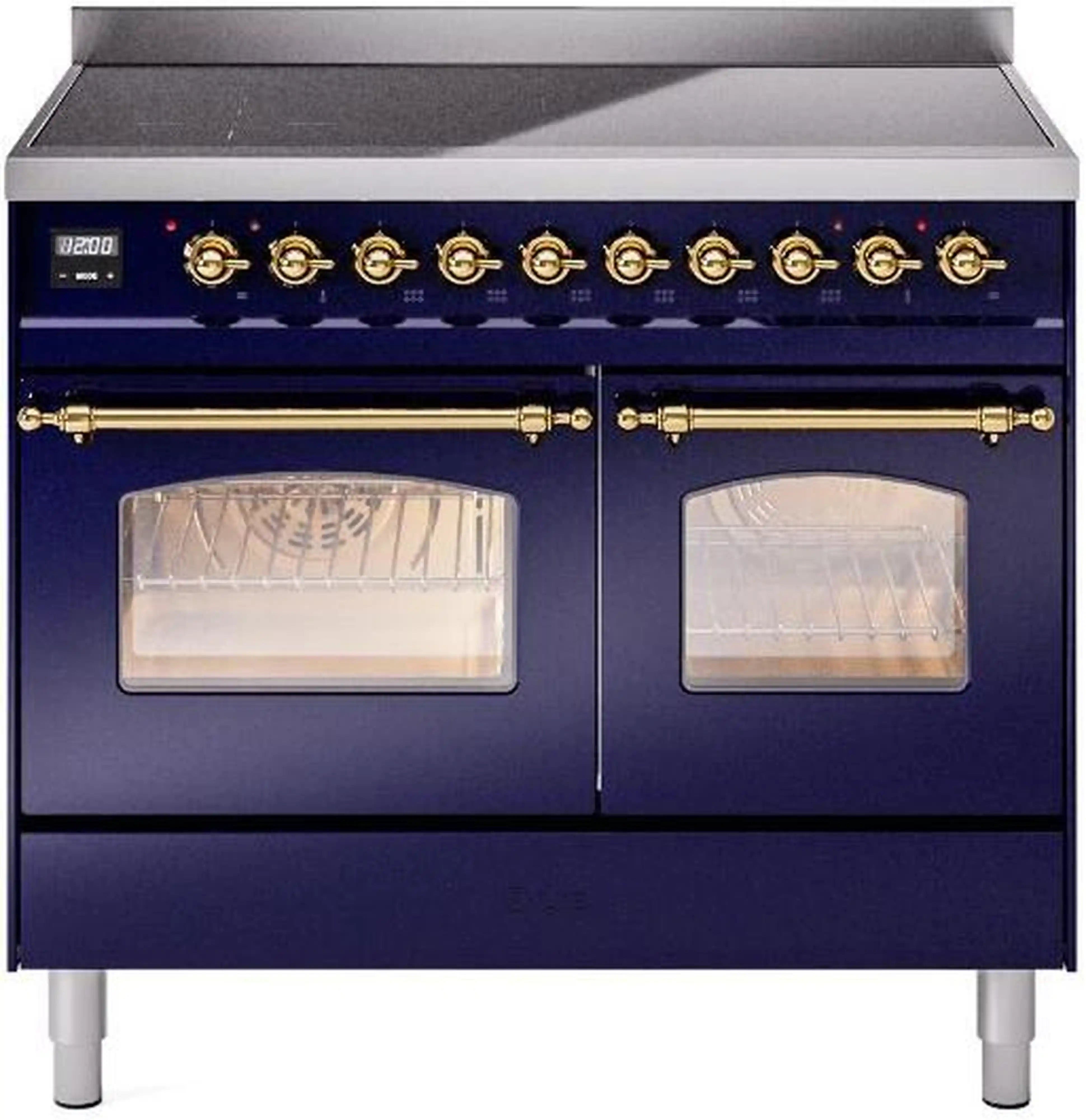 Freestanding electric induction range in midnight blue with brass knobs and two oven doors