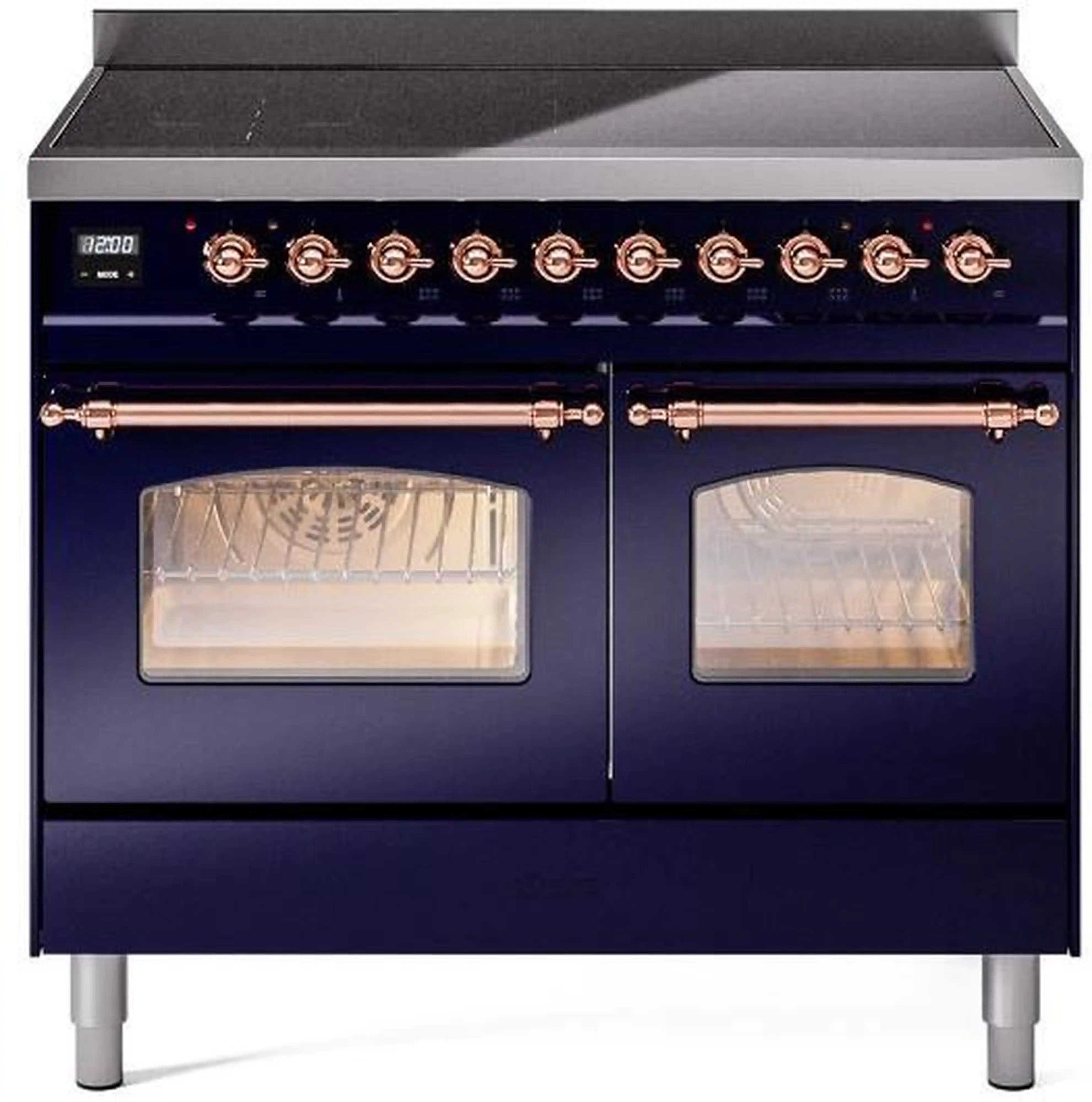 Freestanding electric induction range with two oven doors, midnight blue cabinet and copper trim