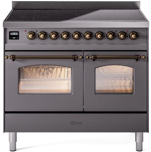 Freestanding induction range front view with bronze knobs and two oven windows, matte graphite.