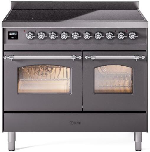 40-inch freestanding electric induction range, matte graphite with chrome knobs and double ovens