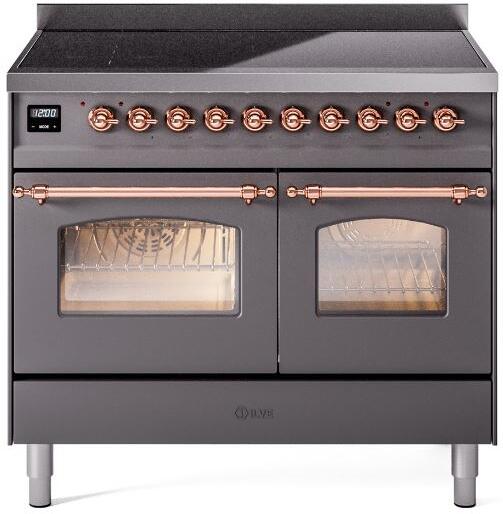 Freestanding electric induction range, matte graphite with two oven windows and copper handle rails