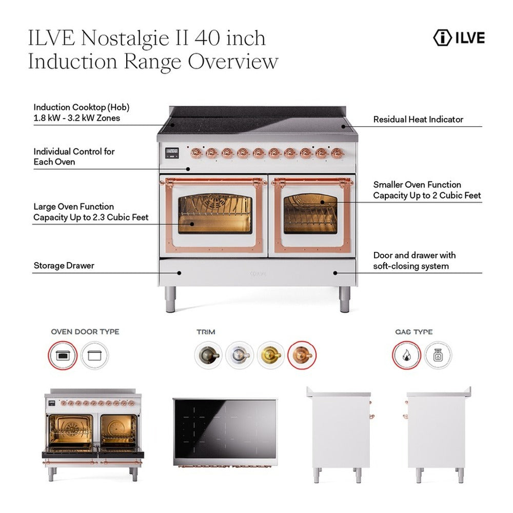 ILVE Nostalgie II 40-Inch Freestanding Electric Induction Range in Mediterranean Mint with Burnished Bronze Trim (UPDI406NMPMMB)