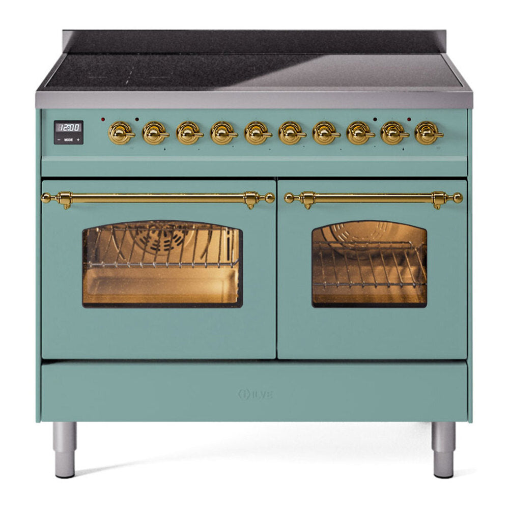 ILVE Nostalgie II 40-Inch Freestanding Electric Induction Range in Mediterranean Mint with Brass Trim (UPDI406NMPMMG)