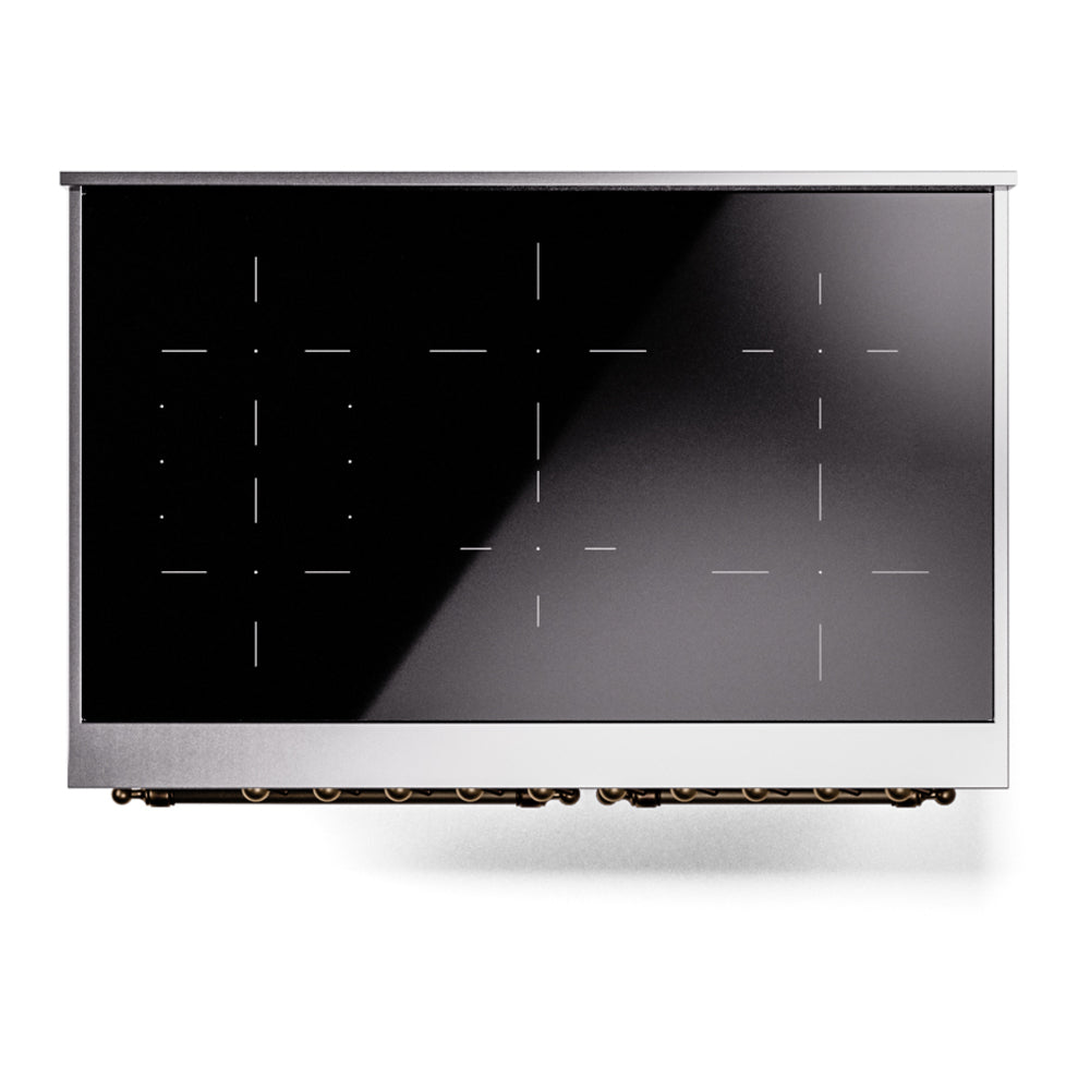 Freestanding electric induction range with black glass door and brushed metal frame