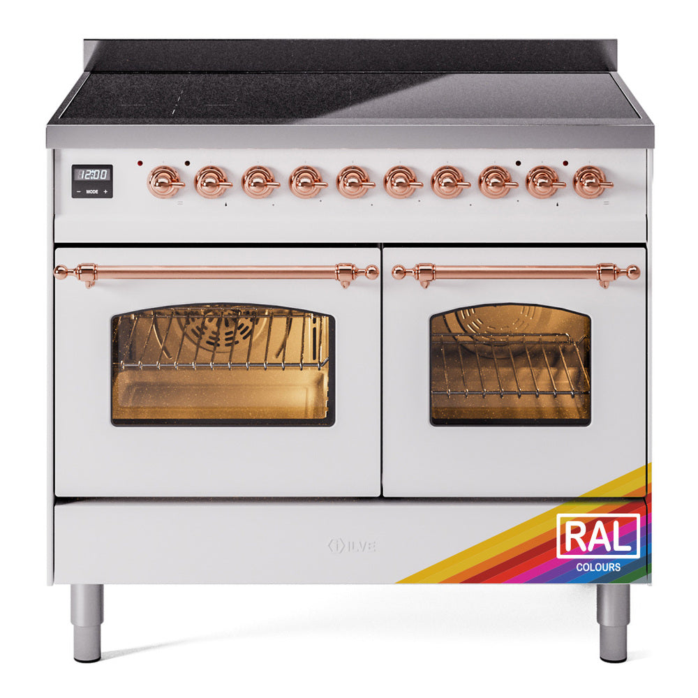 Freestanding induction range with copper control knobs and two oven doors, RAL label