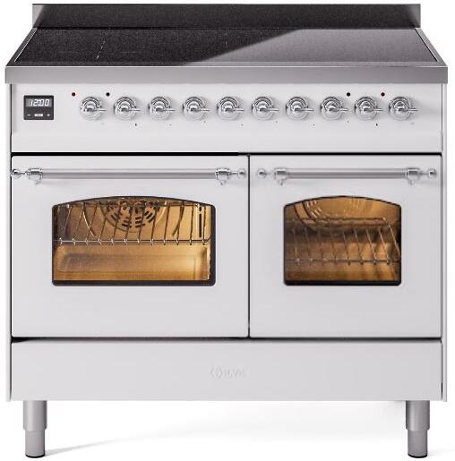 Freestanding induction range with dark cooktop and dual ovens with glass windows