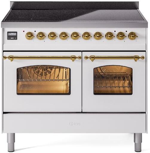 White electric induction range front with two oven windows and brass bar handles