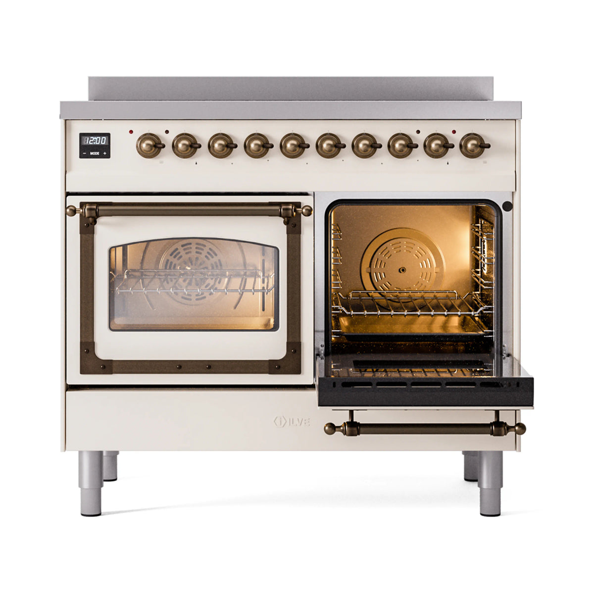 Antique white induction range with bronze-trim double doors; one door open showing bake