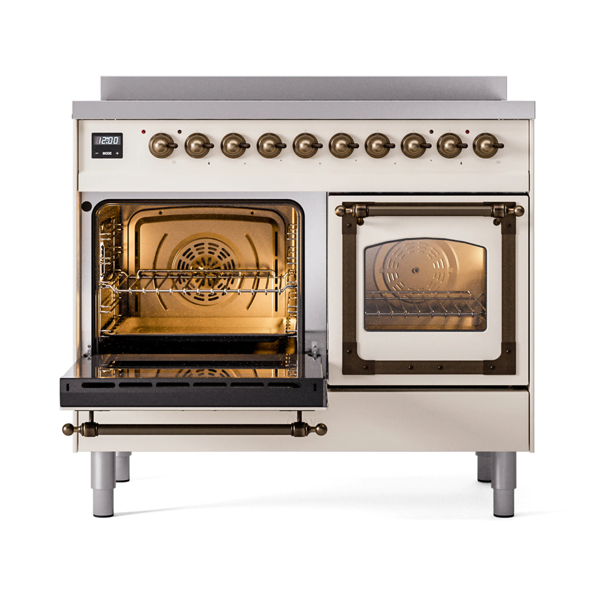 Antique white induction range with bronze-trim control knobs and two open oven doors