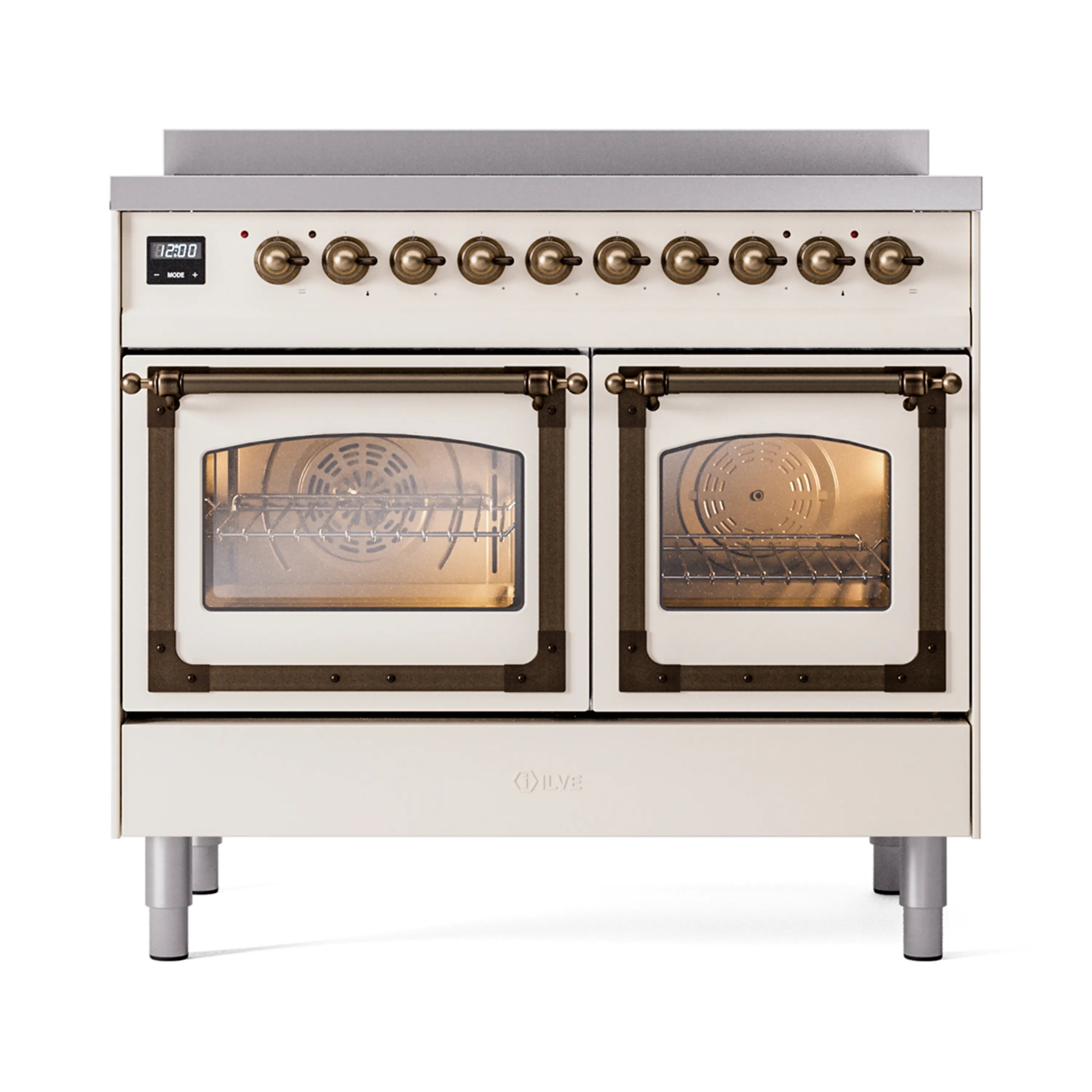Antique white induction range with bronze-trim double oven doors, viewing cooking racks
