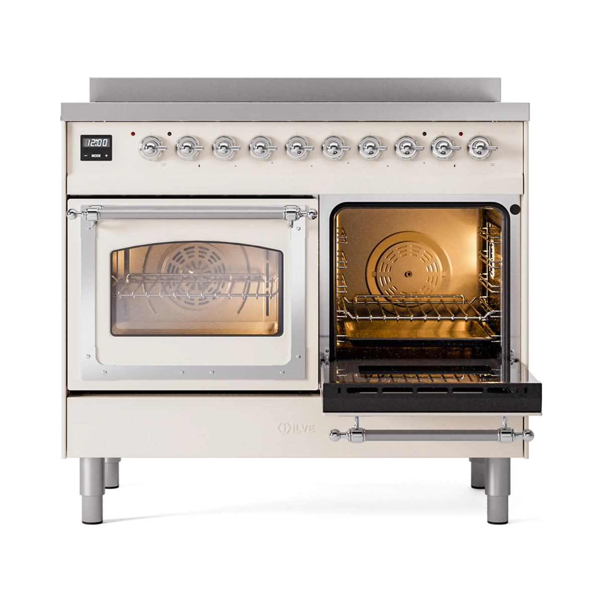 Induction range with left and right oven doors open, showing golden interior lighting