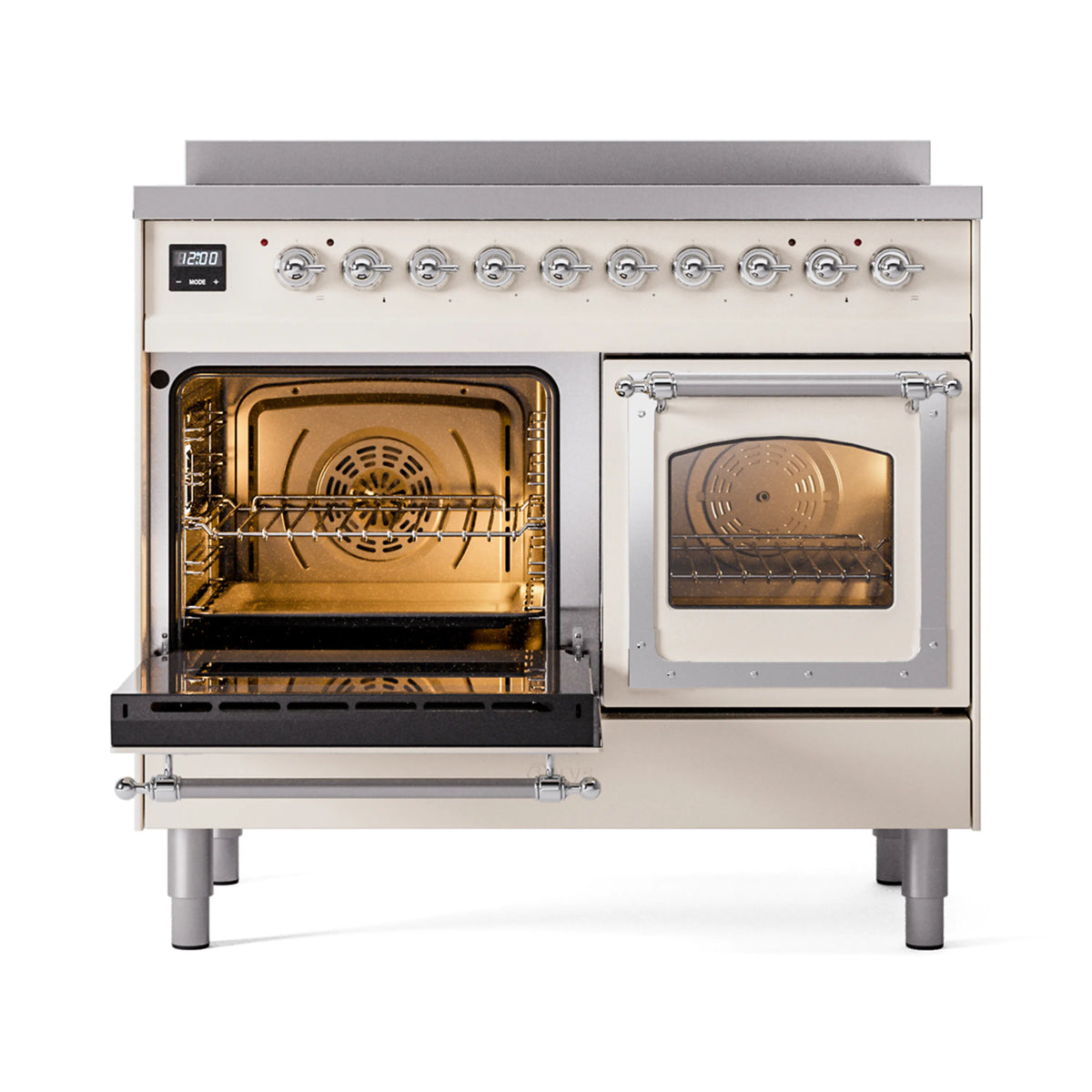 Nostalgie II induction range with triple glass doors, antique white with chrome trim