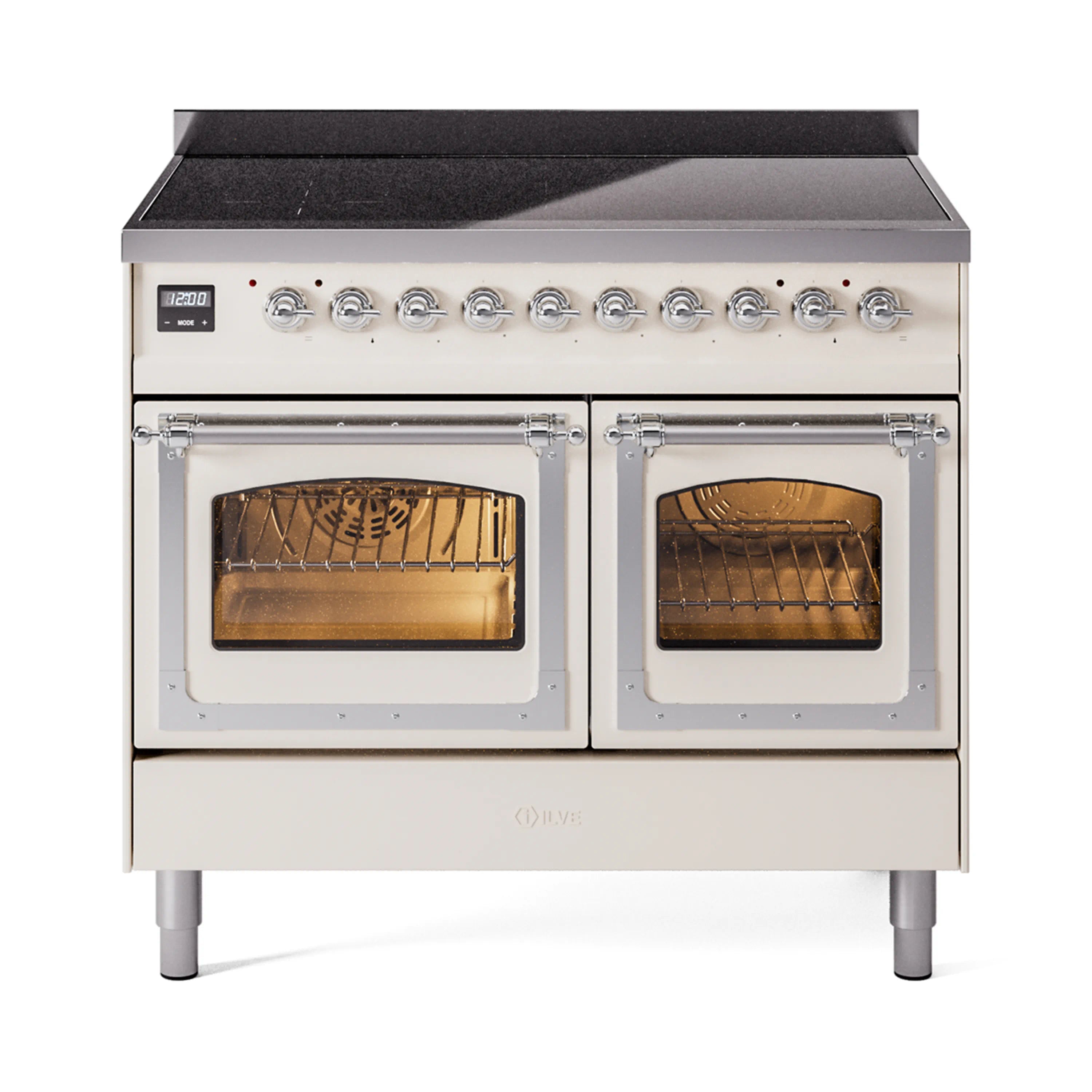 Antique white induction range front with two open oven doors and baking racks