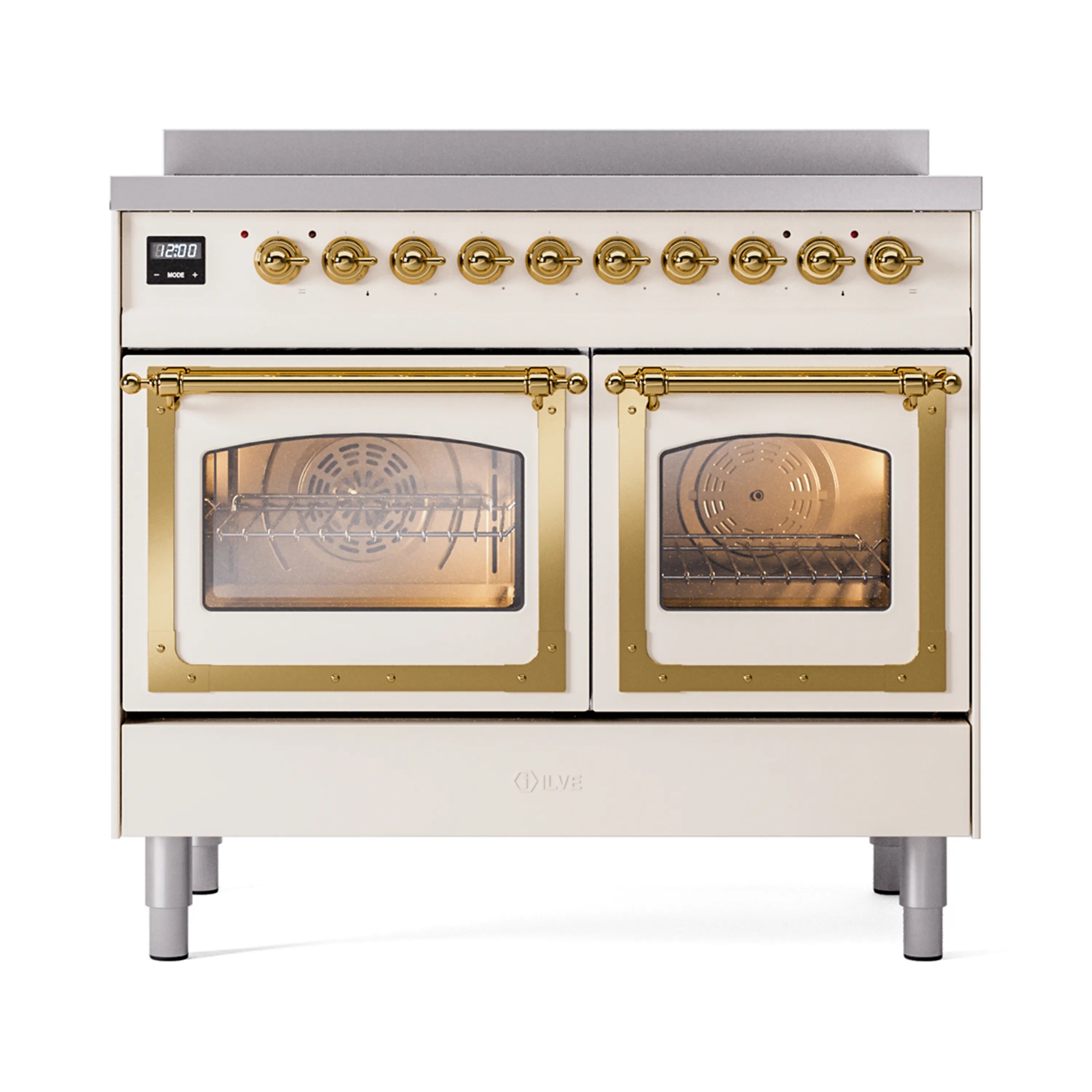 Antique white induction range with triple glass oven doors and brass trim