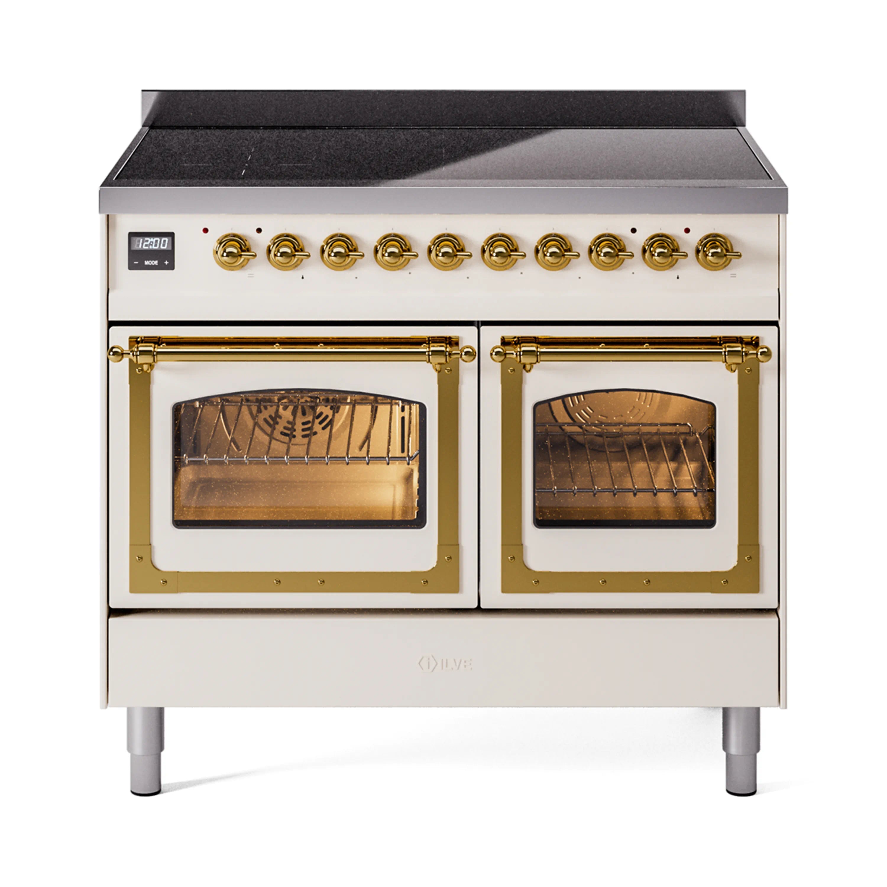 Antique white induction range with triple glass doors, brass knobs, and warming bridge
