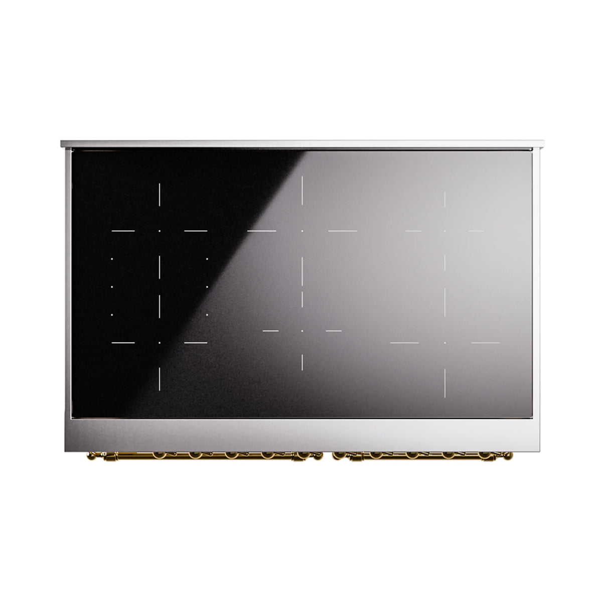 Induction glass cooktop panel with heat output markings and control labels