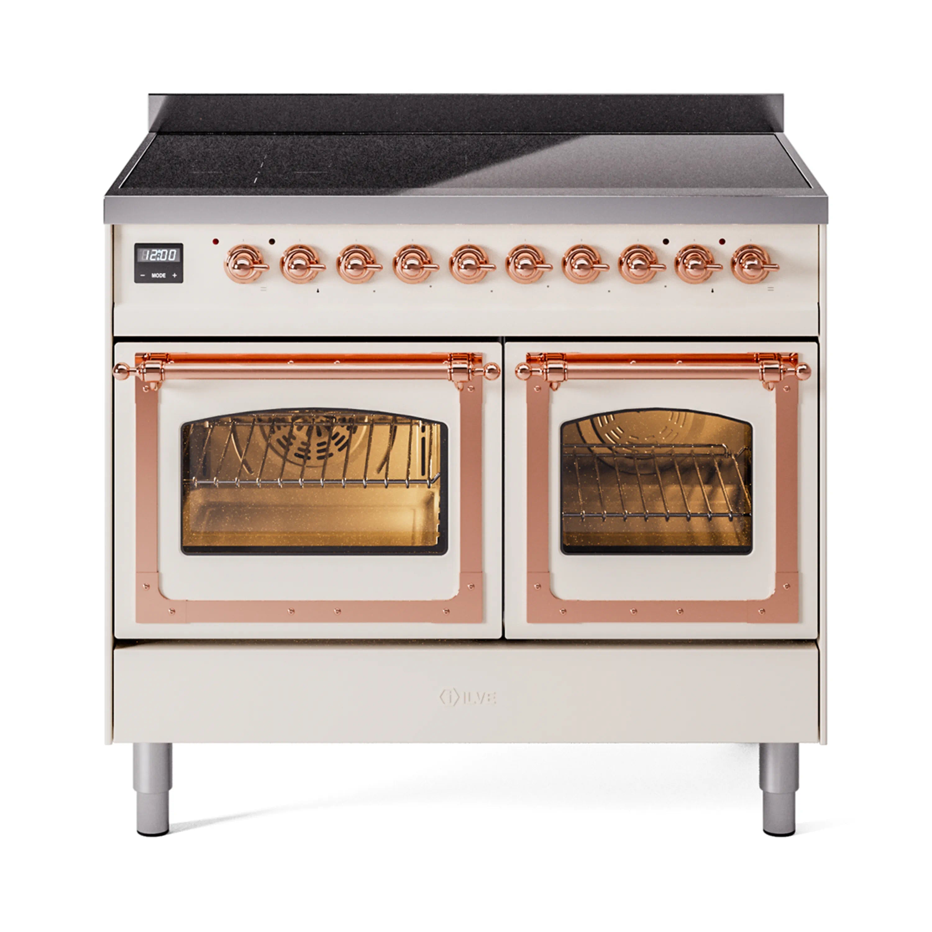 Antique white induction range with copper-trim triple glass doors, both ovens open.