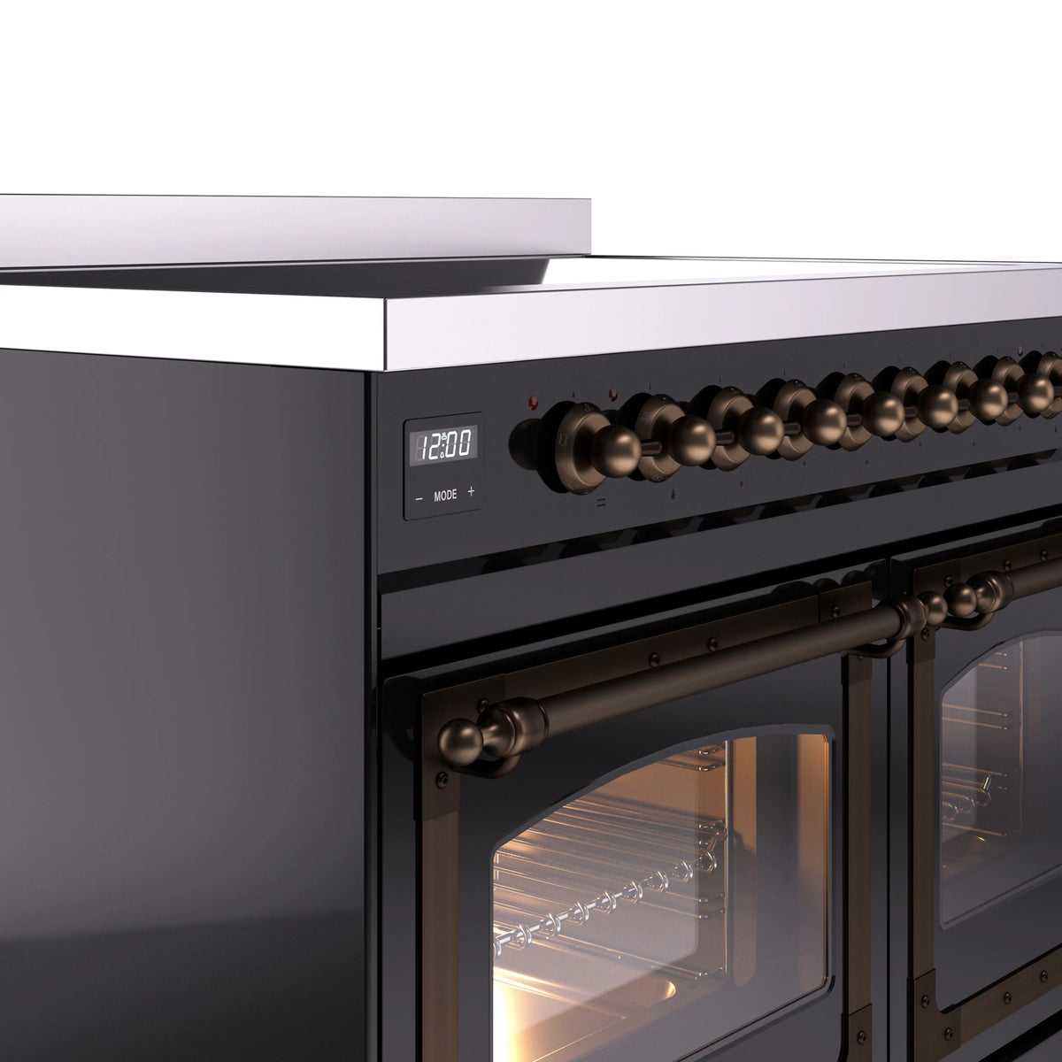 Glossy black induction range control panel with bronze knobs and open oven door