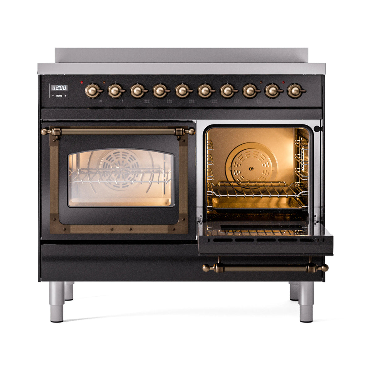 Glossy black induction range with bronze-trim door open, showing heated oven rack interior