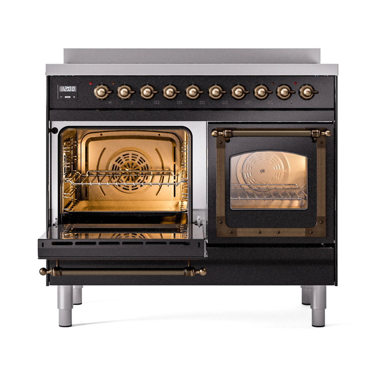 Glossy black induction range with bronze-trim doors open, showing oven racks and lights