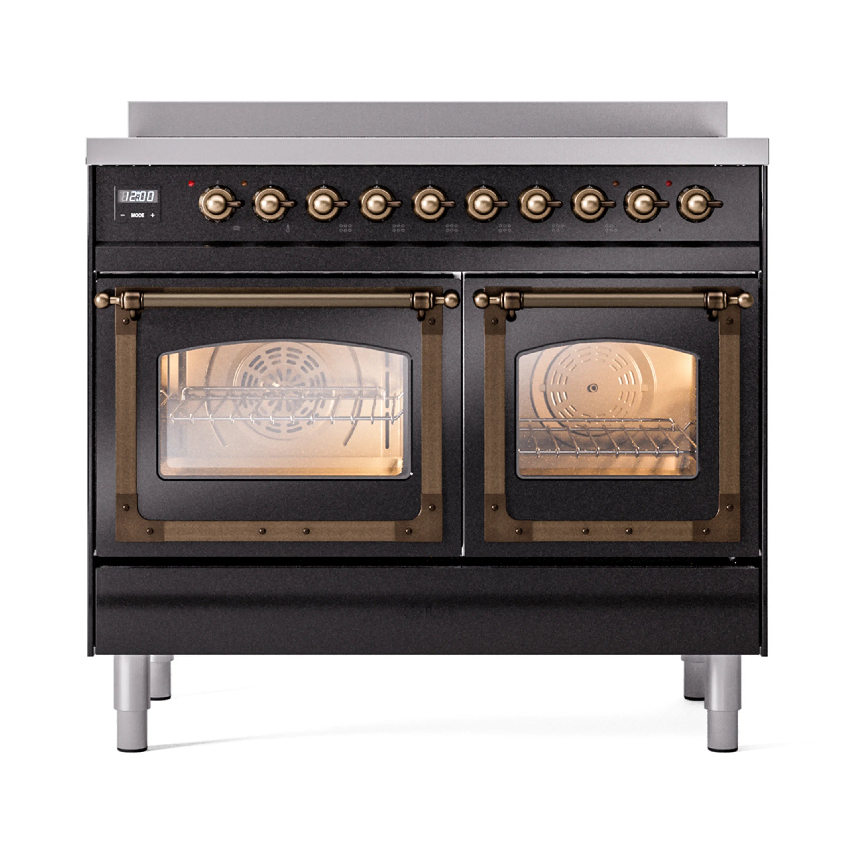 Glossy black induction range with bronze-trim double ovens, both interior doors open