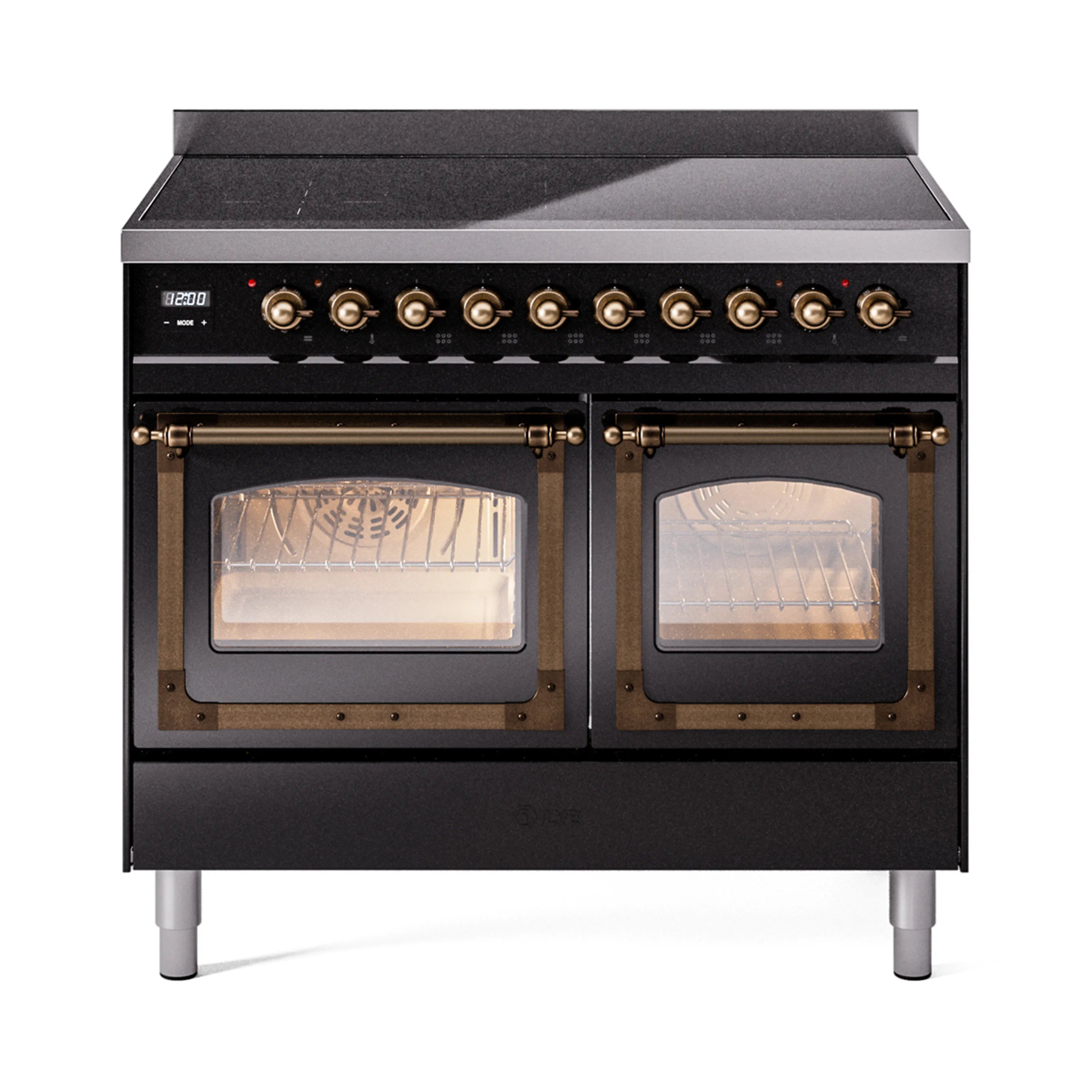 Glossy black induction range with bronze-trim doors open, two lit oven compartments